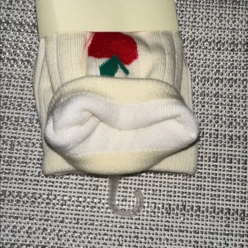 Stems 1 Pair Ivory Red Green Apple Print Cotton Blend Stretch Knit Crew Socks